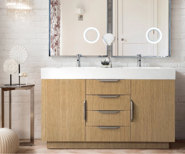 Light wood double vanity with LED mirrors