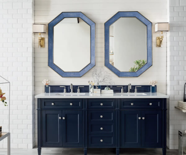 Navy double vanity with octagon mirrors